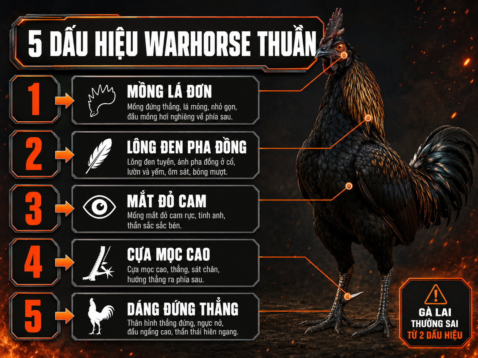 Infographic 5 dấu hiệu nhận biết gà Warhorse thuần chủng với mồng lá đơn, mắt đỏ cam, lông đen pha đồng, cựa cao và dáng đứng thẳng