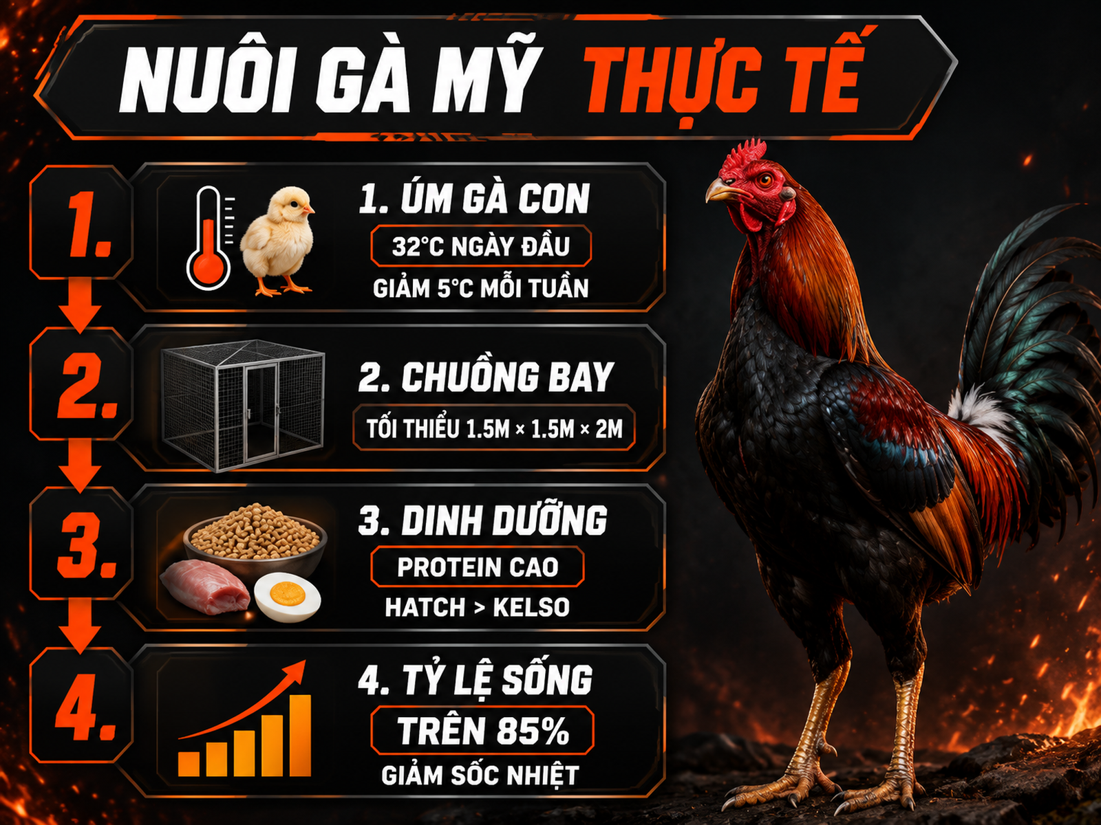 Infographic lưu ý nuôi gà Mỹ tại Việt Nam gồm nhiệt độ úm, chuồng bay, dinh dưỡng và tỷ lệ sống