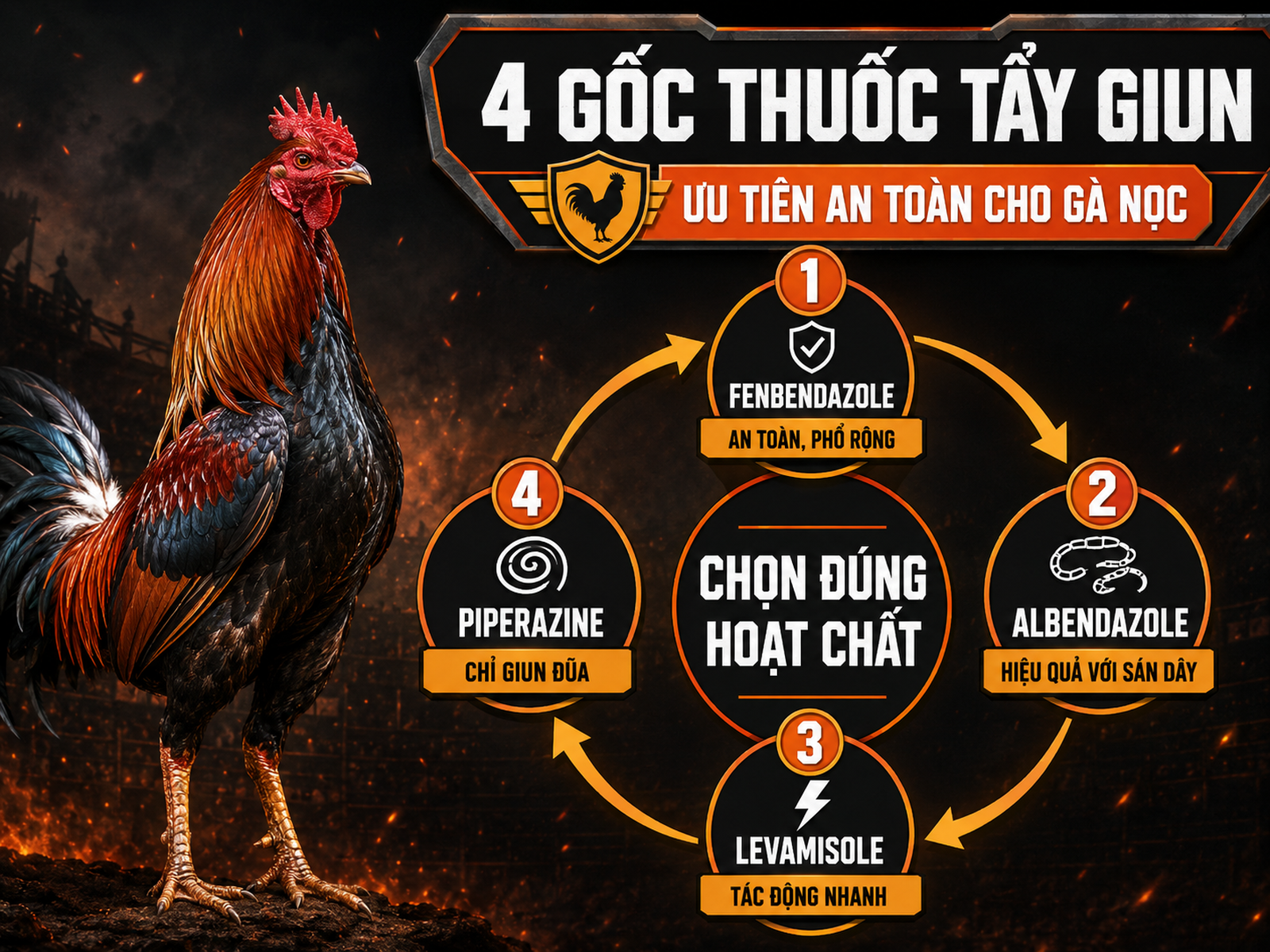 Infographic 4 hoạt chất tẩy giun sán cho gà nọc: Fenbendazole, Albendazole, Levamisole và Piperazine