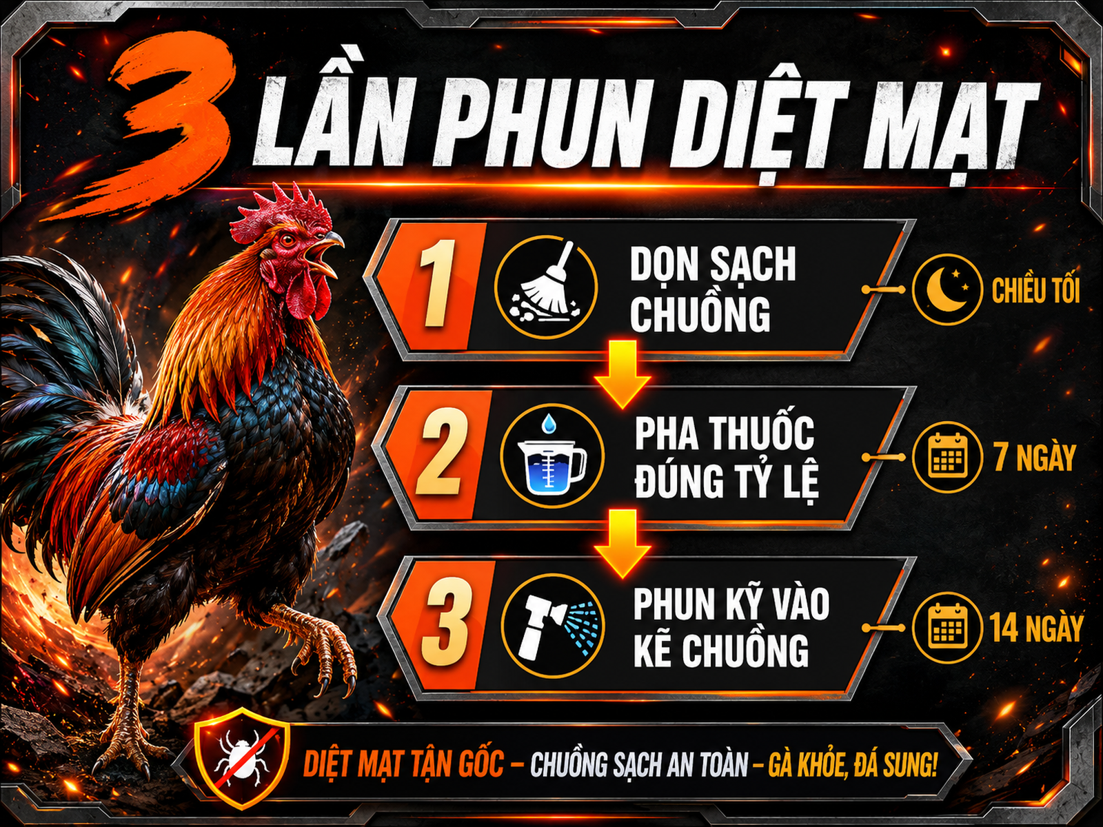 Infographic hướng dẫn 3 lần phun Hantox 200 diệt mạt gà nọc, phong cách mạnh mẽ, dễ đọc