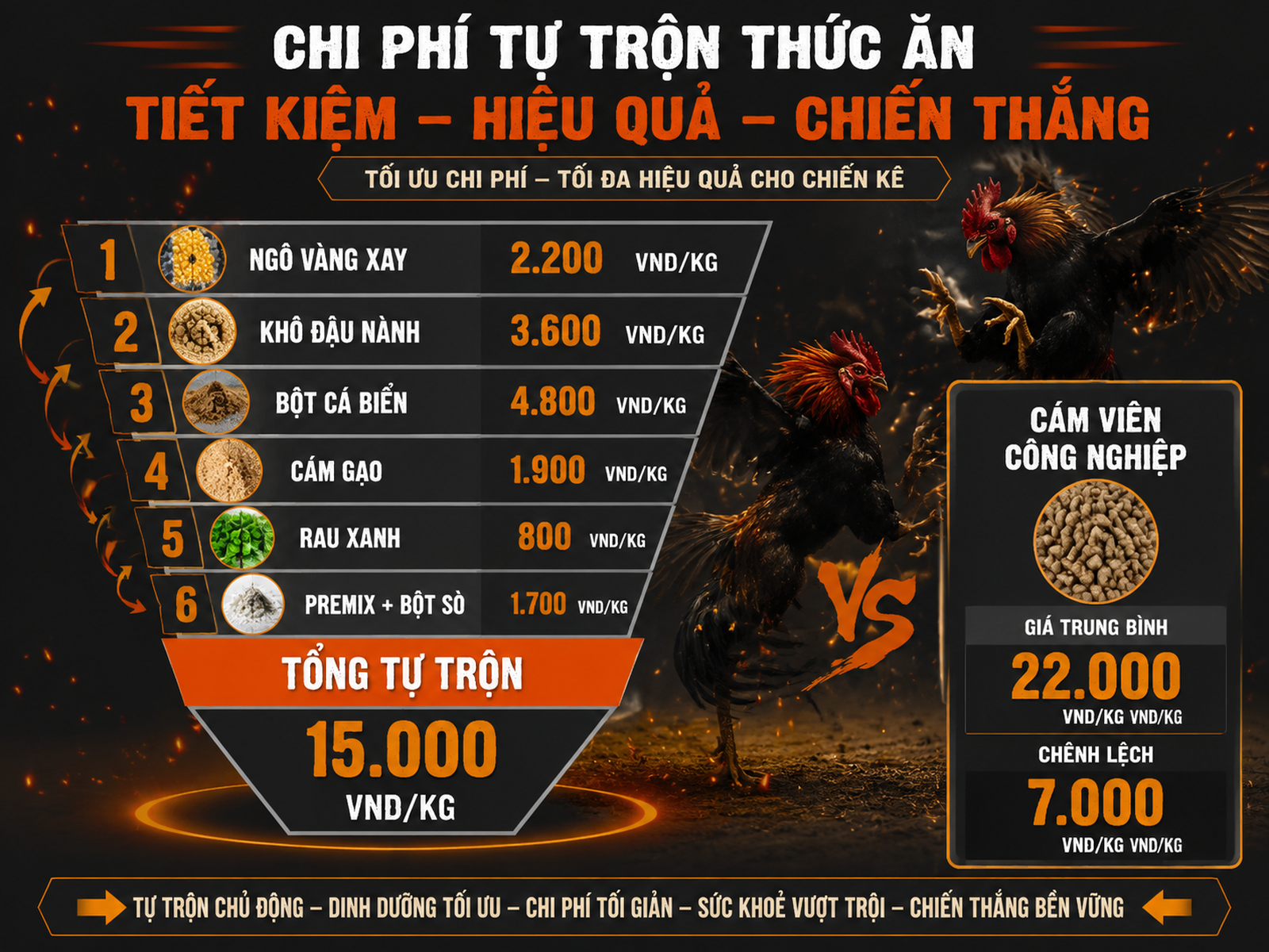 So sánh chi phí cám ngô tự trộn và cám viên công nghiệp cho 100 con gà, hiển thị trực quan tiết kiệm hàng tháng