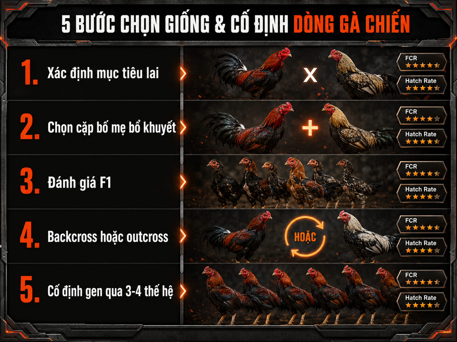 <vi SEO>Infographic hướng dẫn 5 bước chọn lọc gà Mỹ, kèm nhãn FCR và Hatch Rate, gà F1 oai vệ, phong cách dark combat