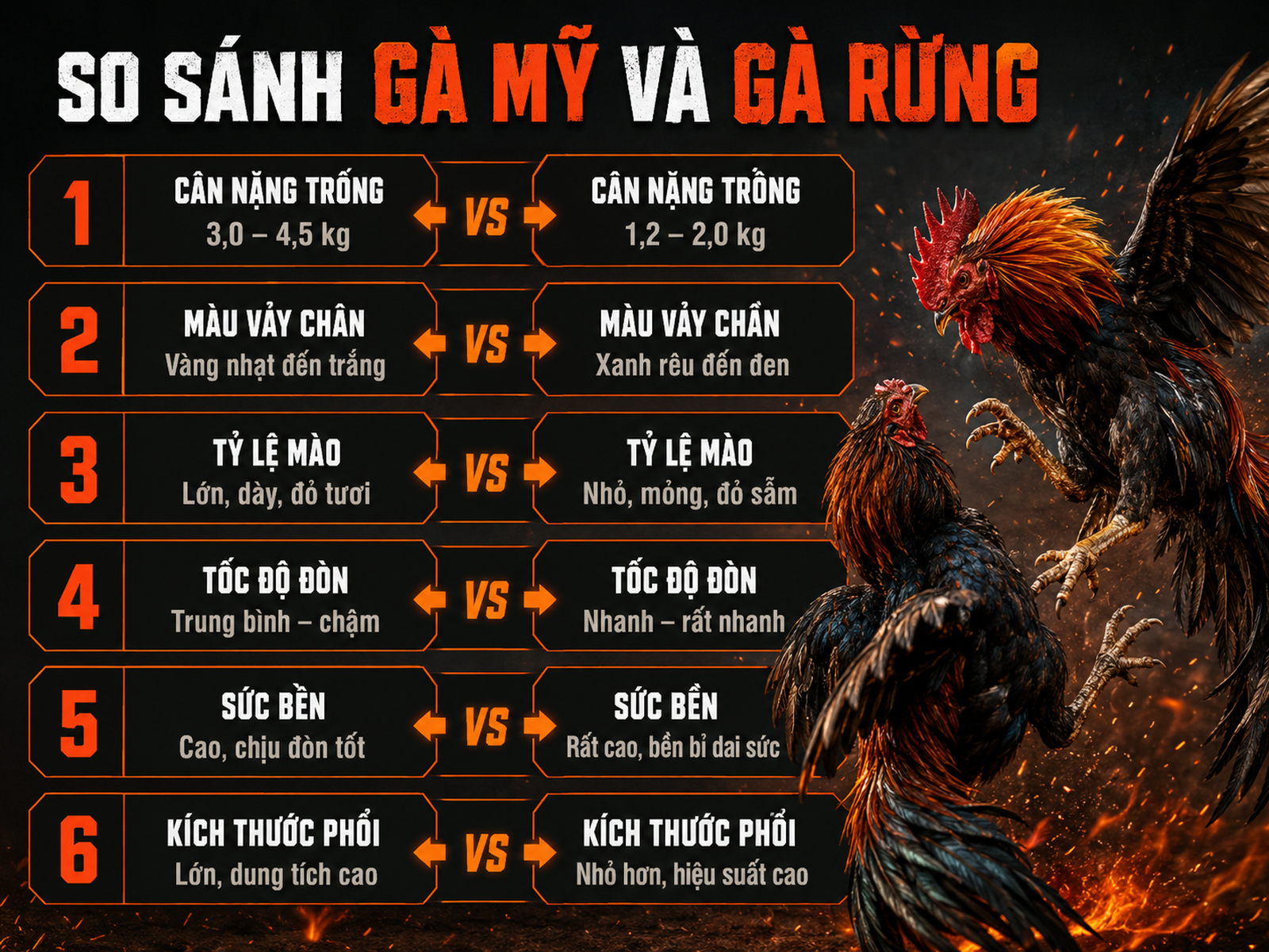 <vi>Bảng so sánh 6 tiêu chí giữa gà Mỹ và gà rừng thuần: cân nặng, màu vảy, mào, tốc độ, sức bền, kích thước phổi</vi>