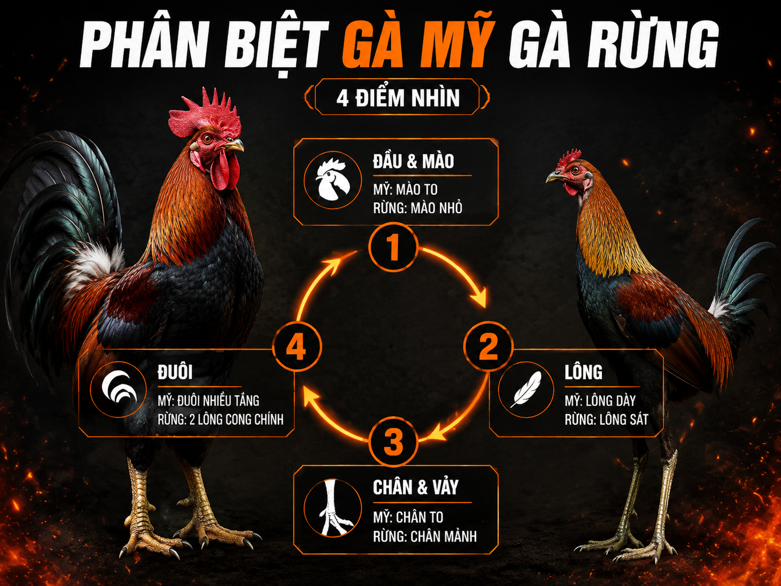 Infographic so sánh ngoại hình gà Mỹ và gà rừng qua mào, lông, chân vảy và đuôi