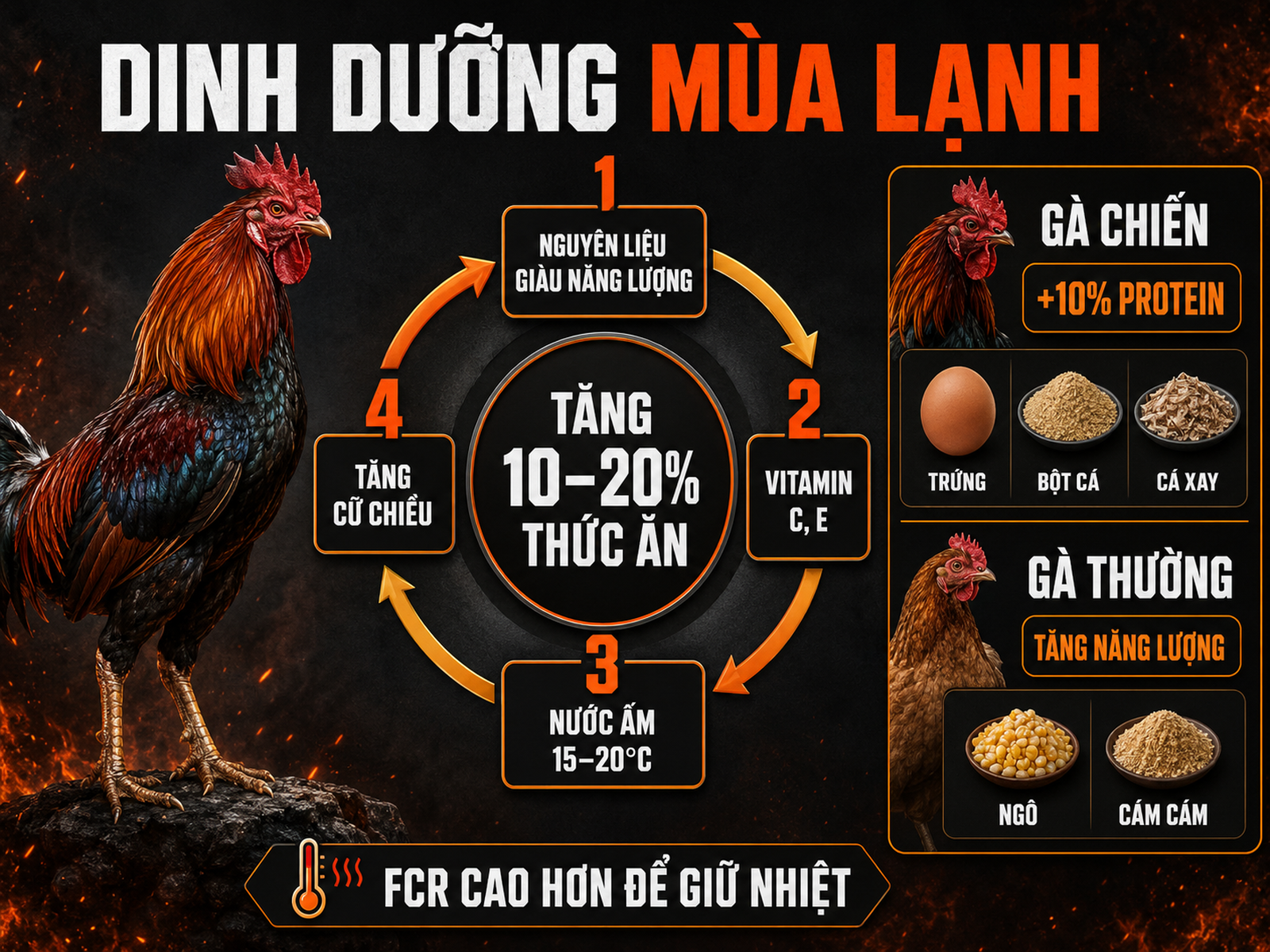 Infographic dinh dưỡng mùa lạnh cho gà chiến và gà thường, tăng khẩu phần, vitamin, nước ấm và protein