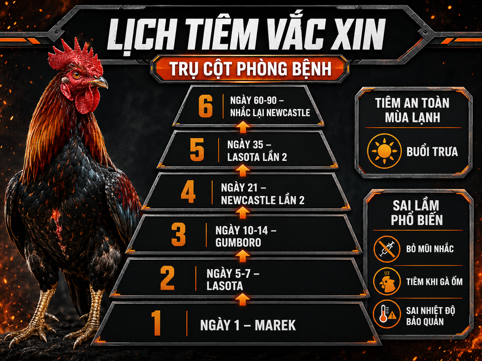 Infographic lịch tiêm vắc xin cho gà con theo ngày tuổi mùa lạnh, các mốc Marek, Lasota, Gumboro, Newcastle và lưu ý thực tế.
