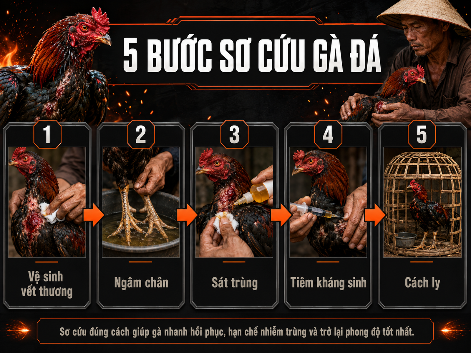 Quy trình 5 bước sơ cứu gà đá sau thi đấu, hướng dẫn từ vệ sinh vết thương đến cách ly, trực quan, dễ hiểu