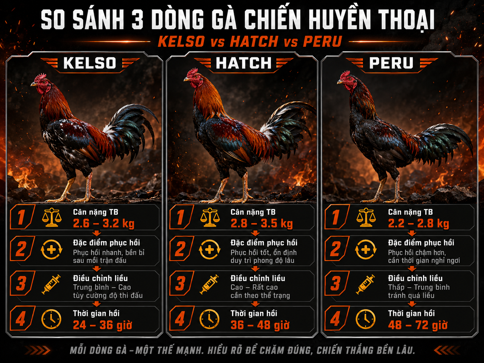 <vi SEO>So sánh phác đồ phục hồi gà Kelso, Hatch, Peru sau đấu, theo cân nặng, đặc điểm tang và liều thuốc