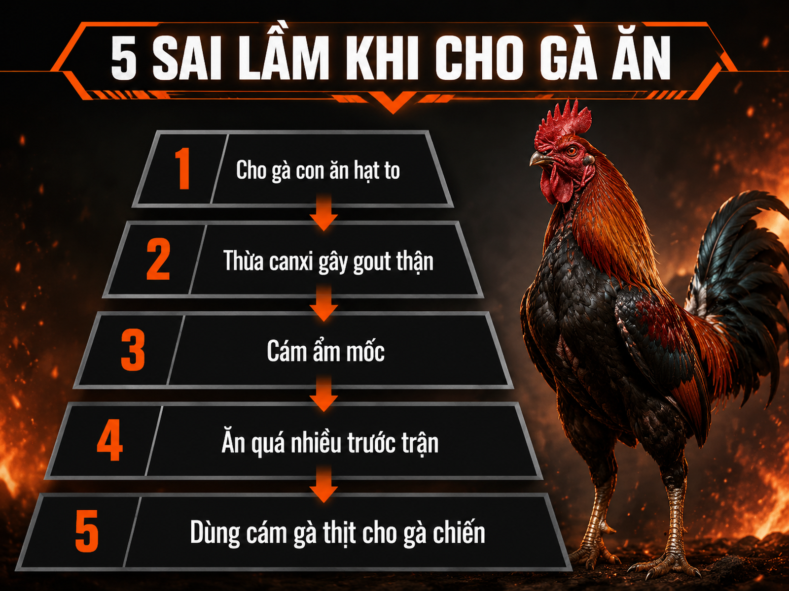 Minh họa 5 sai lầm phổ biến khi cho gà chiến ăn, từ hạt to đến cám gà thịt, dạng tháp phân tầng