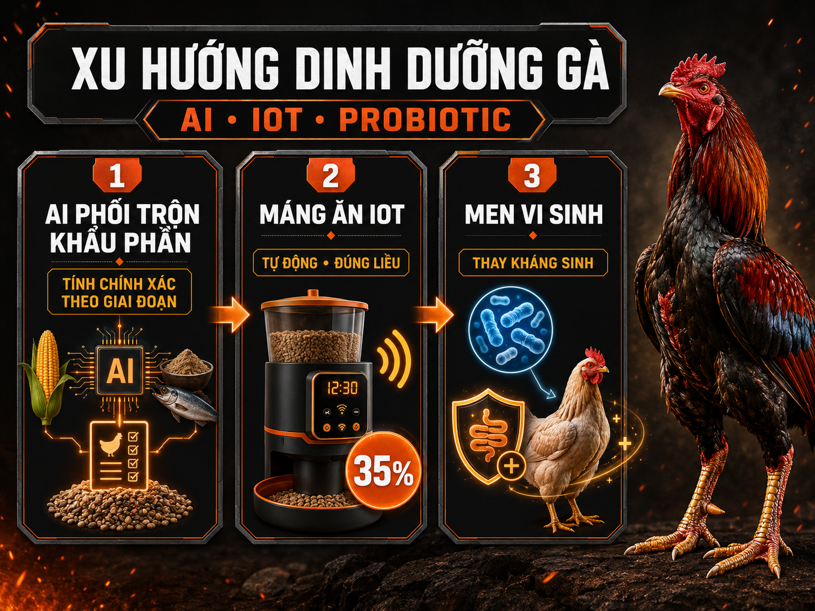 Infographic xu hướng dinh dưỡng gia cầm với AI phối trộn thức ăn, máng ăn IoT và men vi sinh cho gà