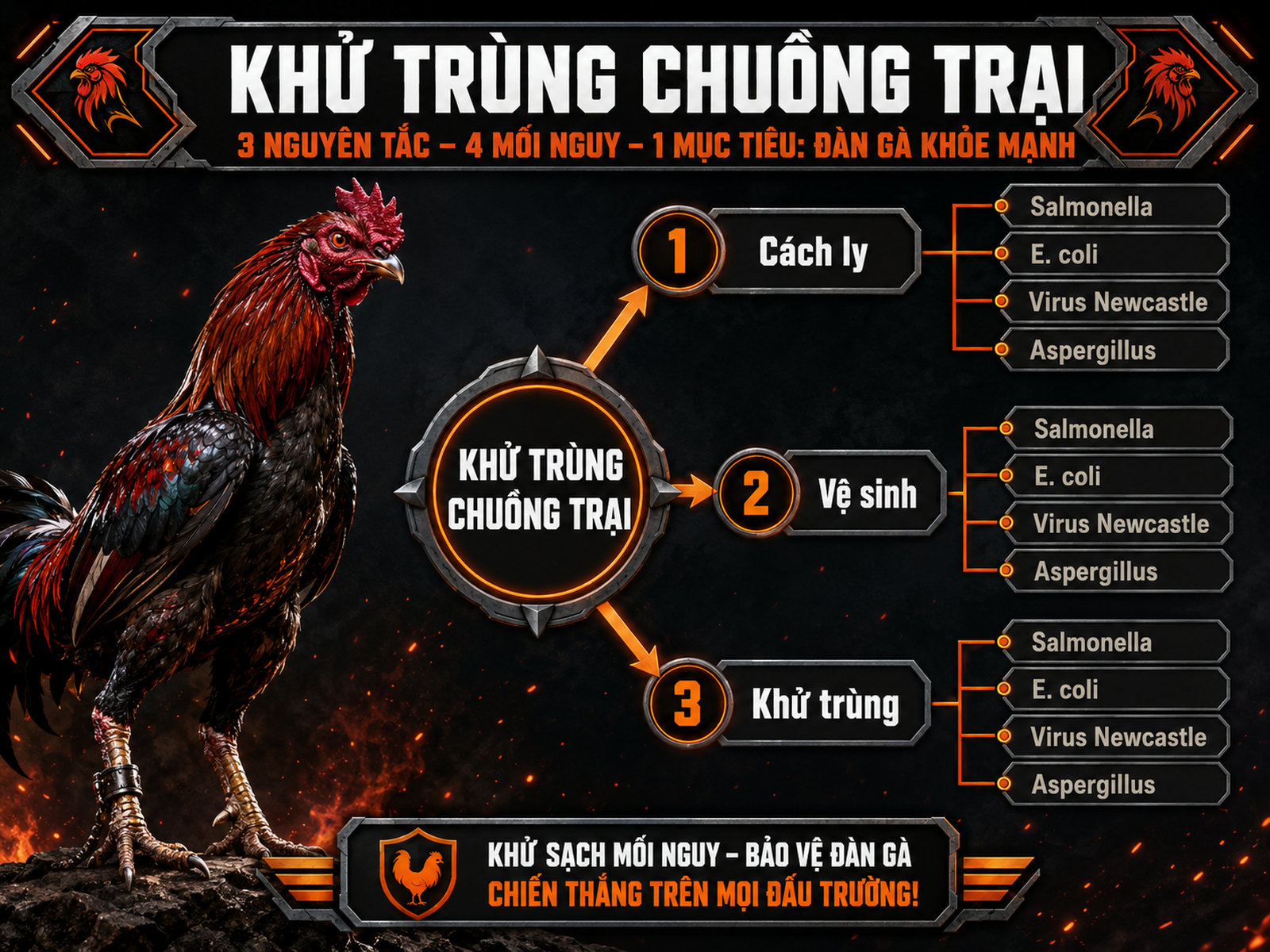 <vi SEO>Diagram minh họa các trụ cột an toàn sinh học trong nuôi gà chiến, trung tâm là khử trùng chuồng trại, nhánh toả các mầm bệnh cần kiểm soát
