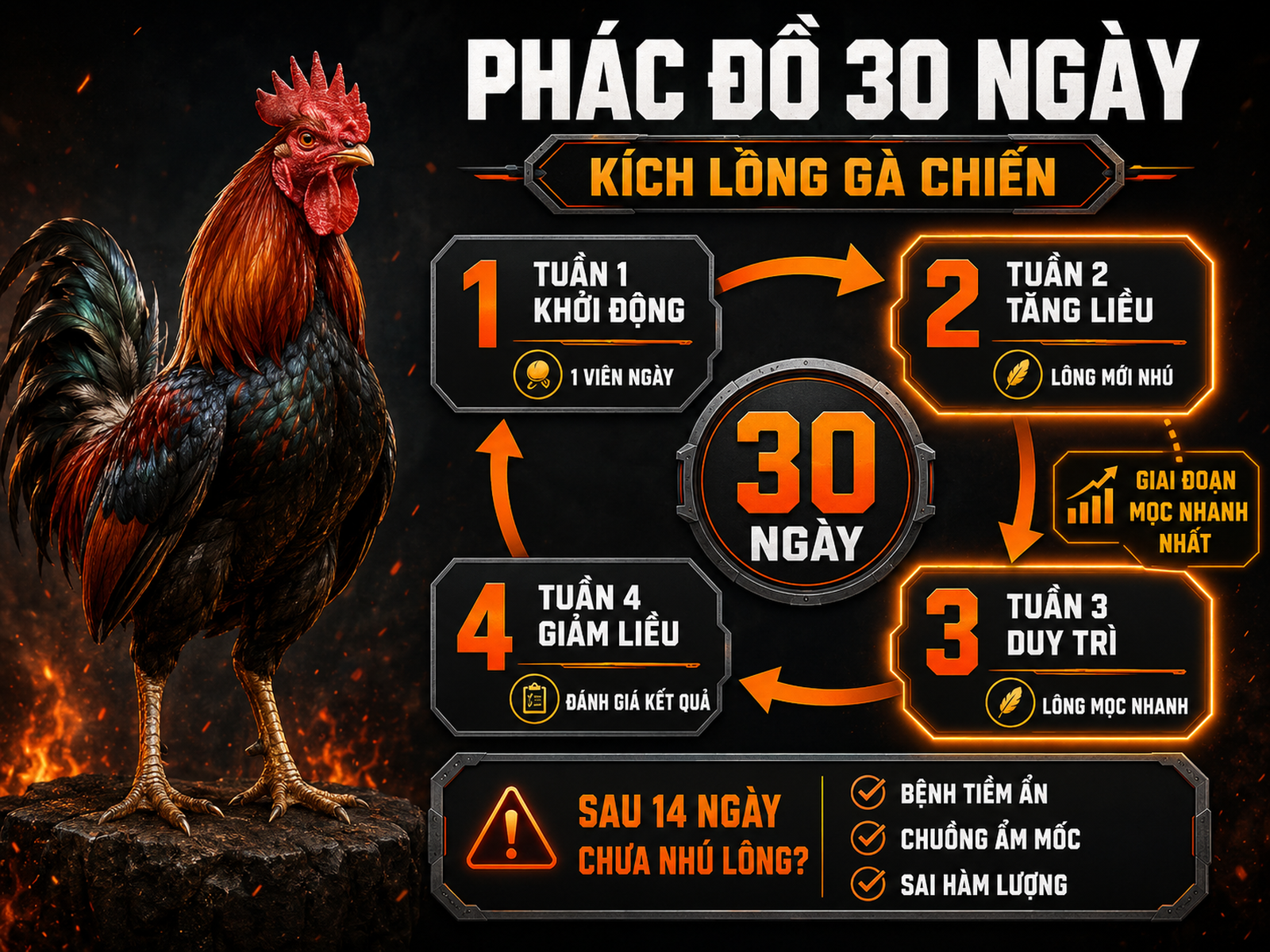 Infographic phác đồ 30 ngày kích lông gà chiến với 4 giai đoạn và liều dùng theo tuần