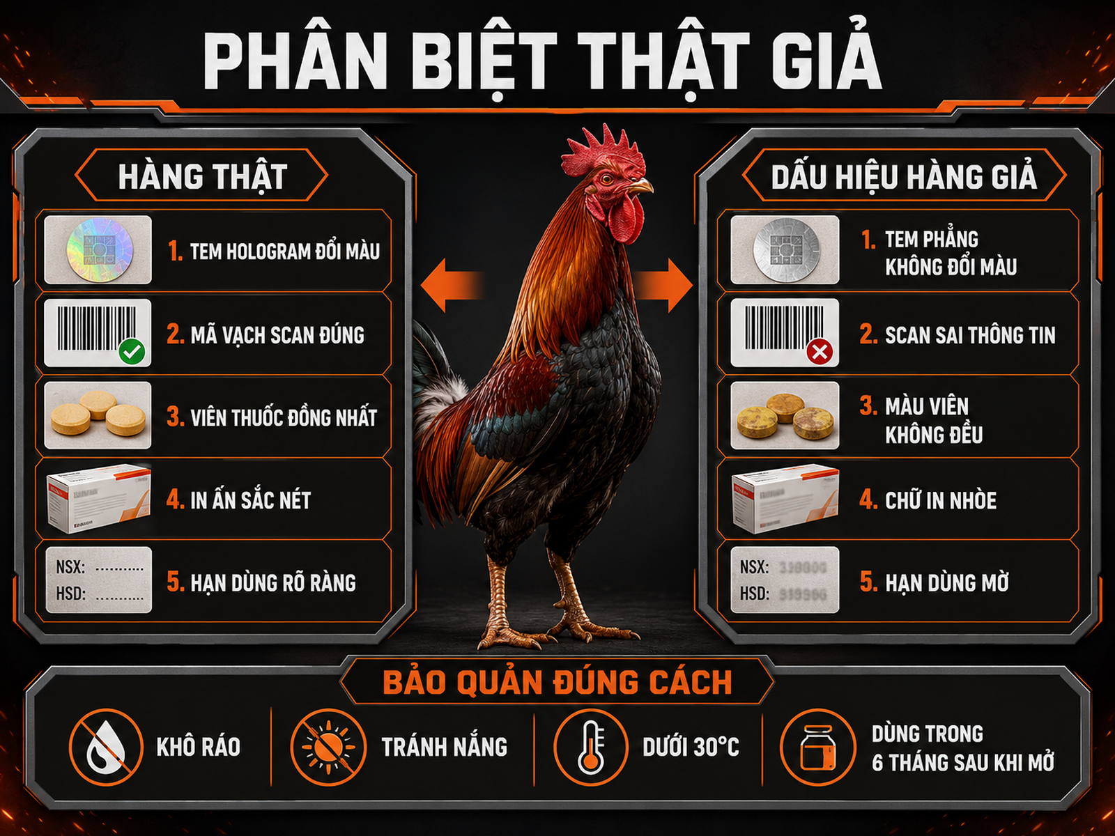 Infographic so sánh Aminoplex Extra hàng thật và hàng giả cùng hướng dẫn bảo quản đúng cách cho gà đá