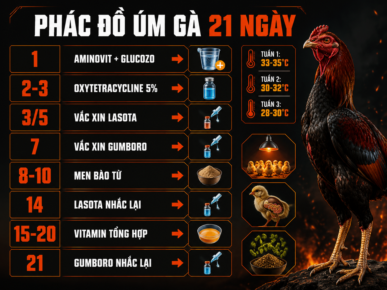 Infographic phác đồ thuốc úm gà con từ ngày 1 đến 21 gồm điện giải, kháng sinh, vắc xin Lasota, Gumboro, men vi sinh và nhiệt độ chuồng.