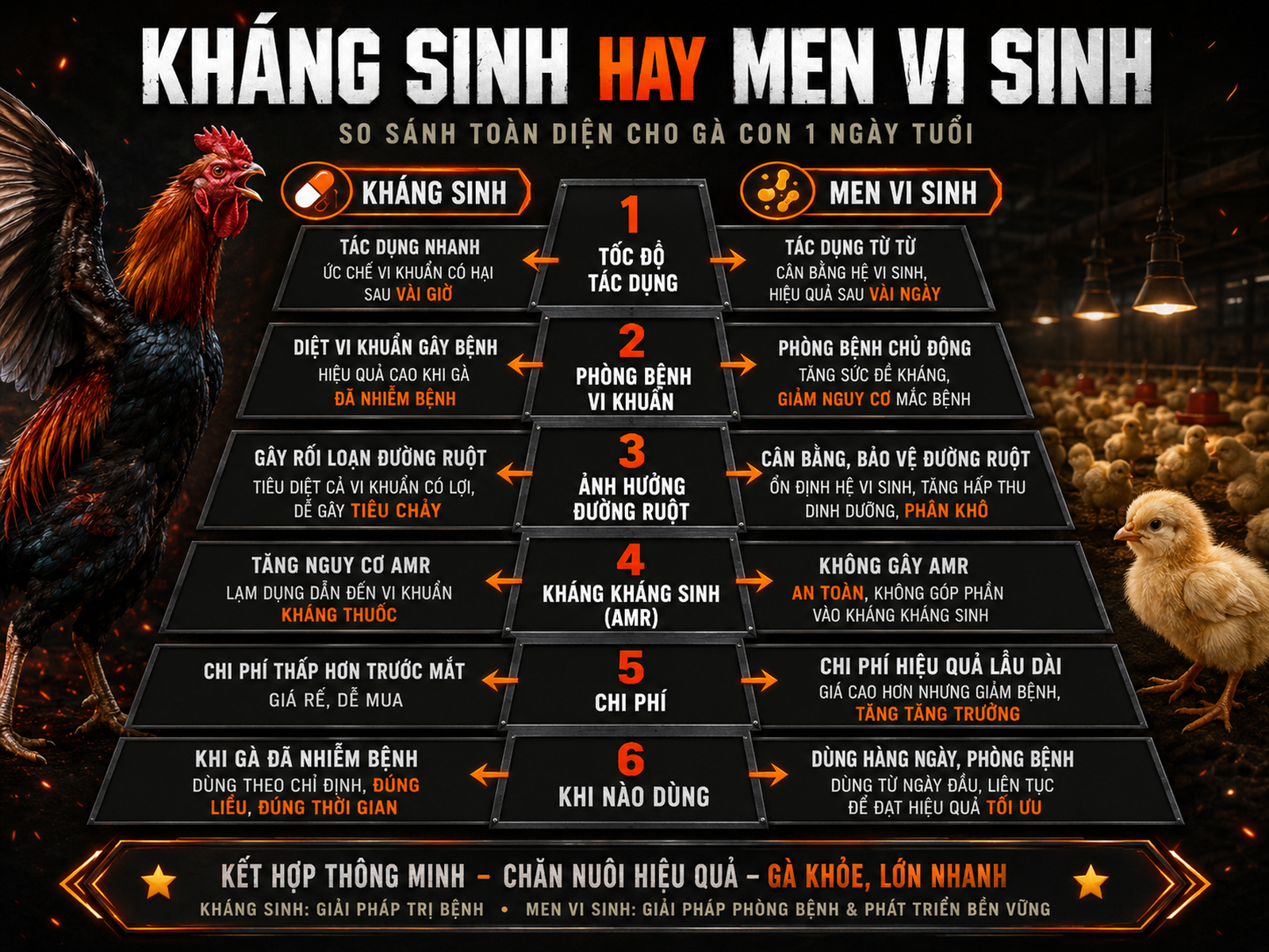 So sánh Kháng sinh và Men vi sinh cho gà con mới nở, thể hiện tiêu chí, lợi/hại, gà chiến oai vệ, trại nông dân, infographic pyramid