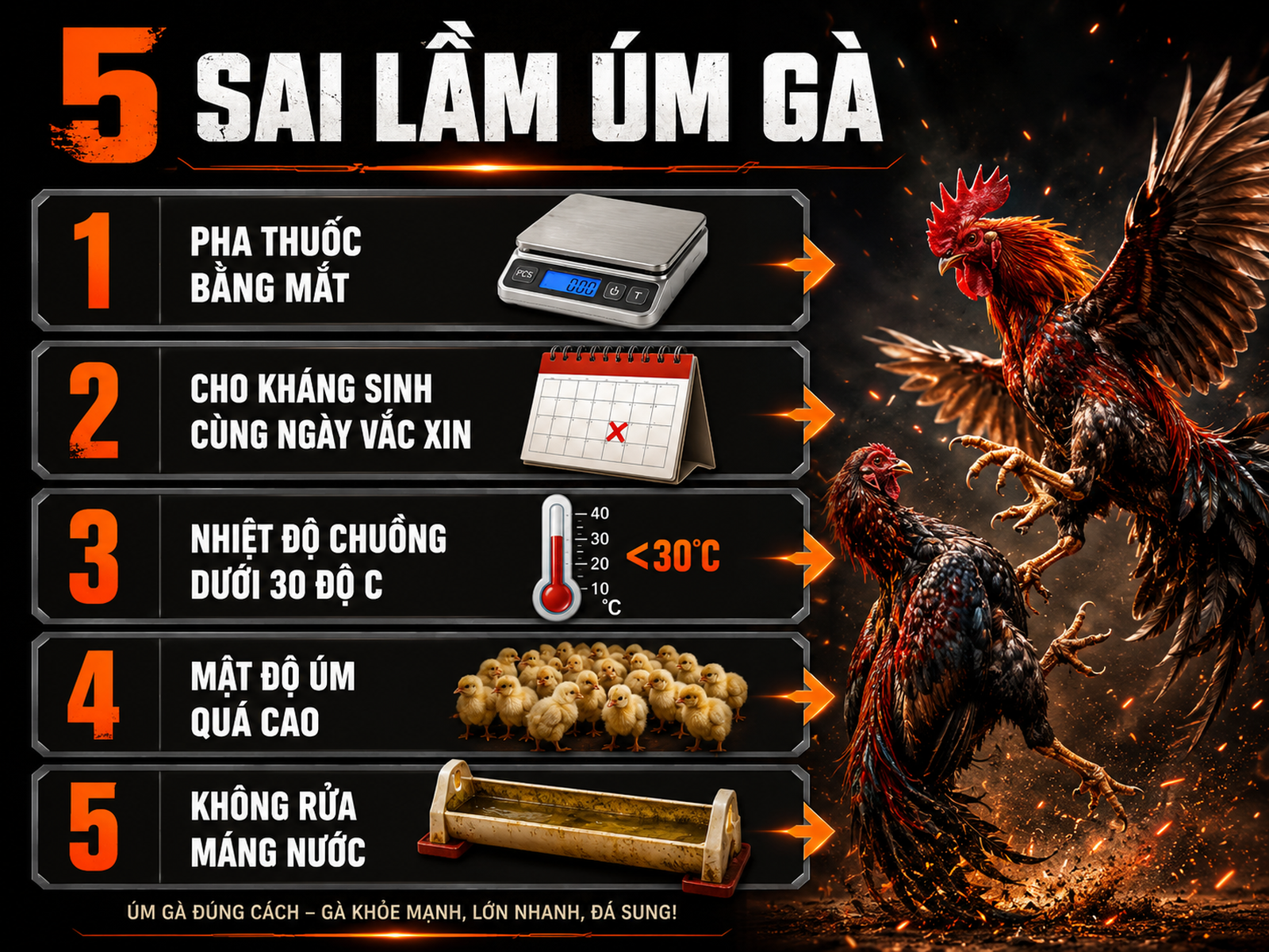 5 sai lầm phổ biến khi úm gà con và cách phòng tránh, infographic từng bước, gà chiến oai vệ