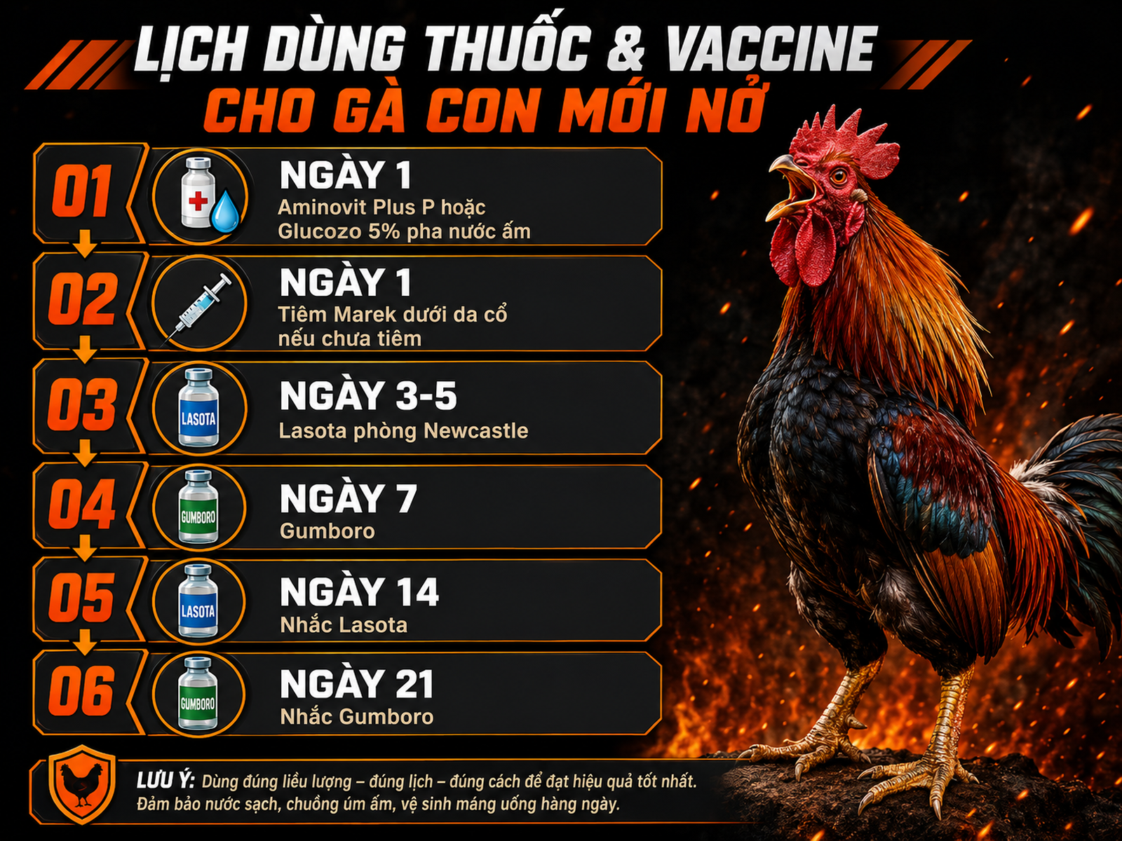 Phác đồ thuốc và vắc xin cho gà con mới nở, minh họa từng bước uống thuốc và tiêm vaccine cho gà chiến