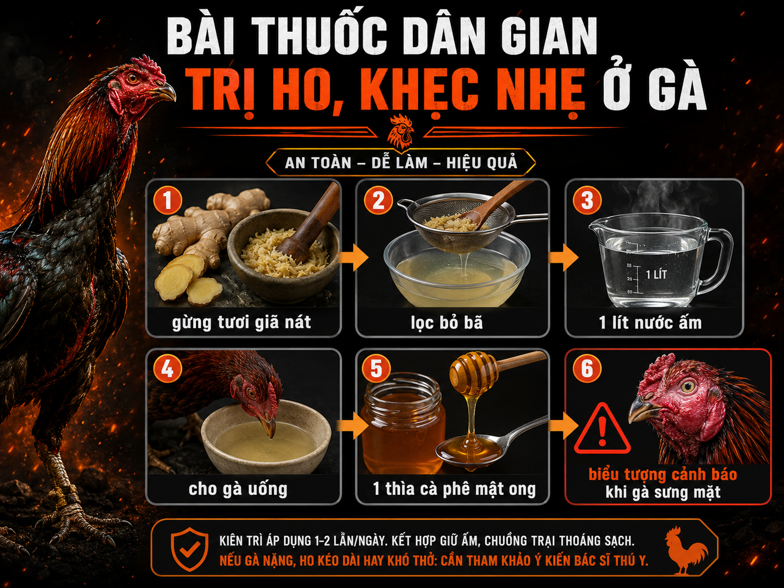 Hướng dẫn pha nước gừng trị gà khò khè nhẹ, minh họa từng bước, nhãn rõ ràng, phong cách mạnh mẽ