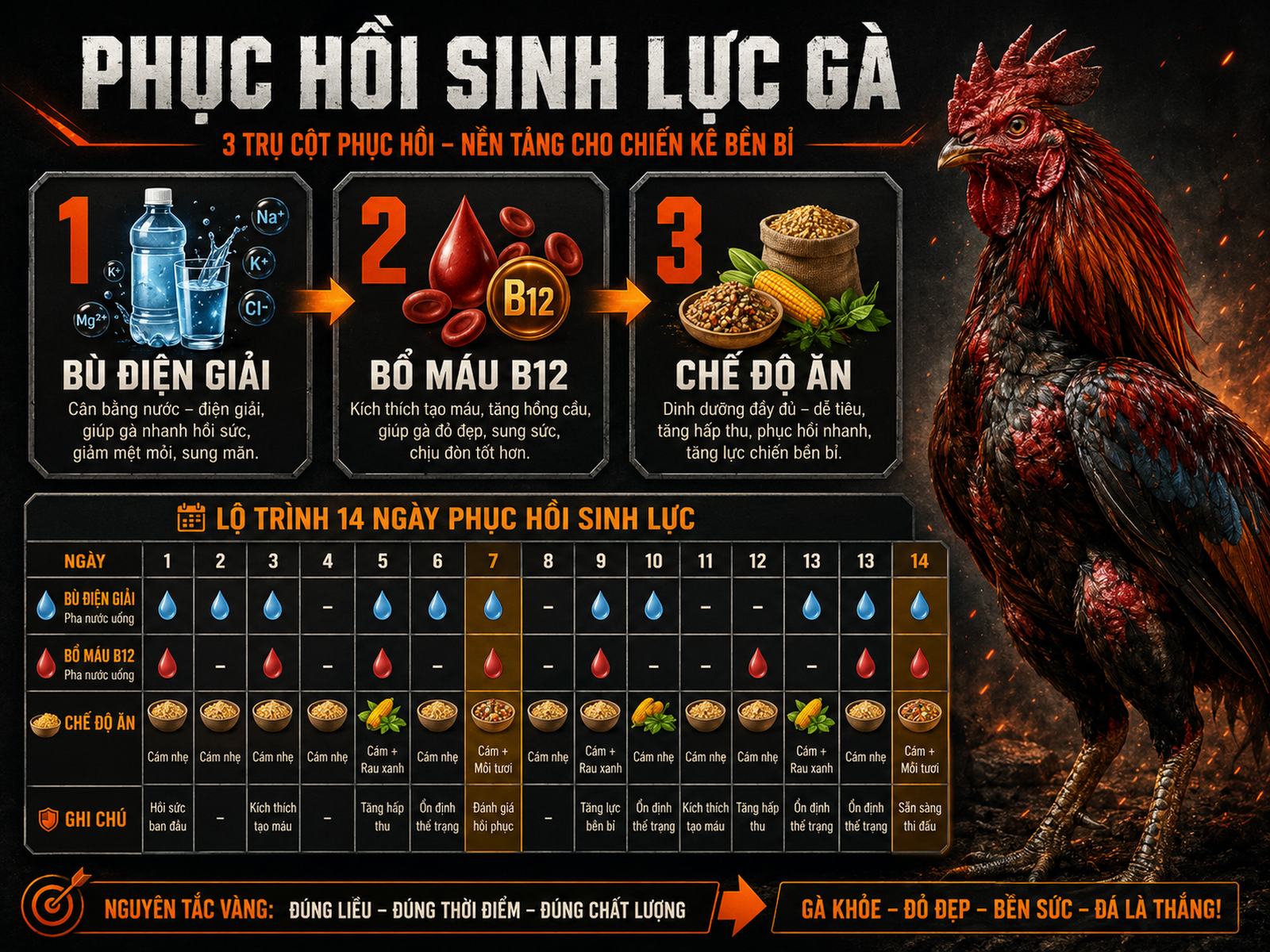 Infographic phục hồi sinh lực gà đá sau trận, hướng dẫn bù điện giải, bổ máu và chế độ ăn theo ngày