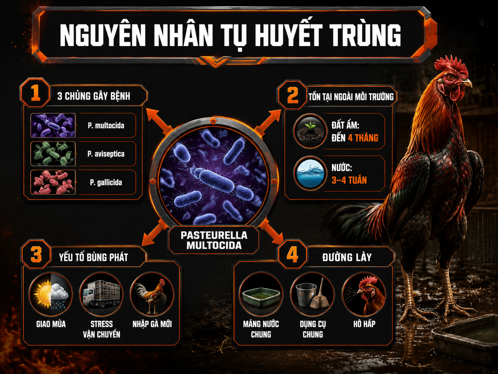 Sơ đồ nguyên nhân gây bệnh tụ huyết trùng ở gà với Pasteurella multocida, các chủng vi khuẩn, môi trường tồn tại và yếu tố bùng phát