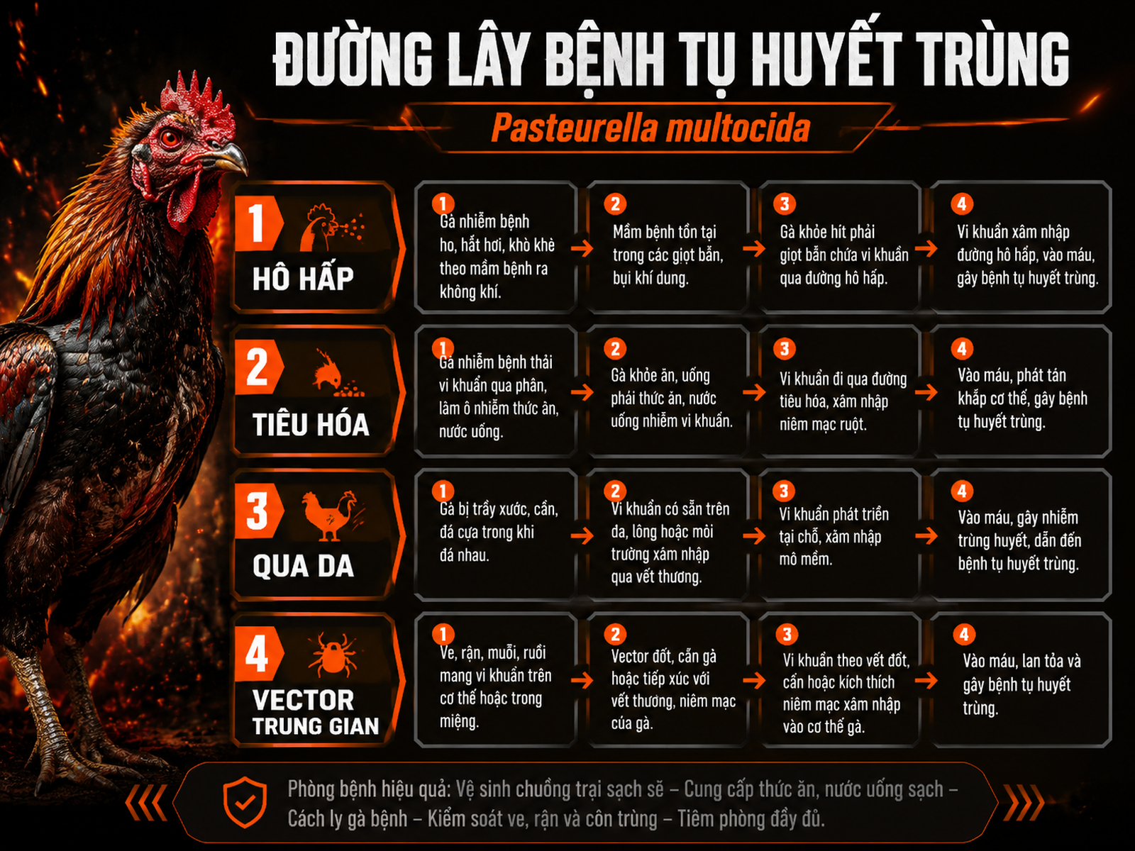 Diagram minh họa 4 đường lây bệnh tụ huyết trùng ở gà chiến, tóm tắt Hô hấp, Tiêu hóa, Qua da, Vector trung gian
