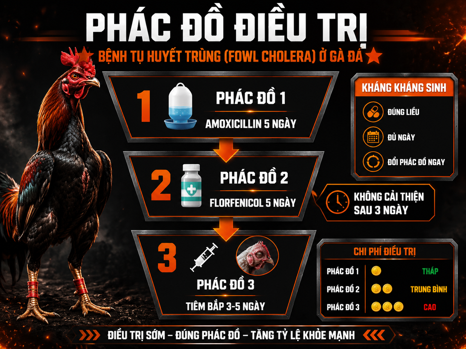 Infographic phác đồ điều trị tụ huyết trùng ở gà theo mức độ bệnh và kháng kháng sinh