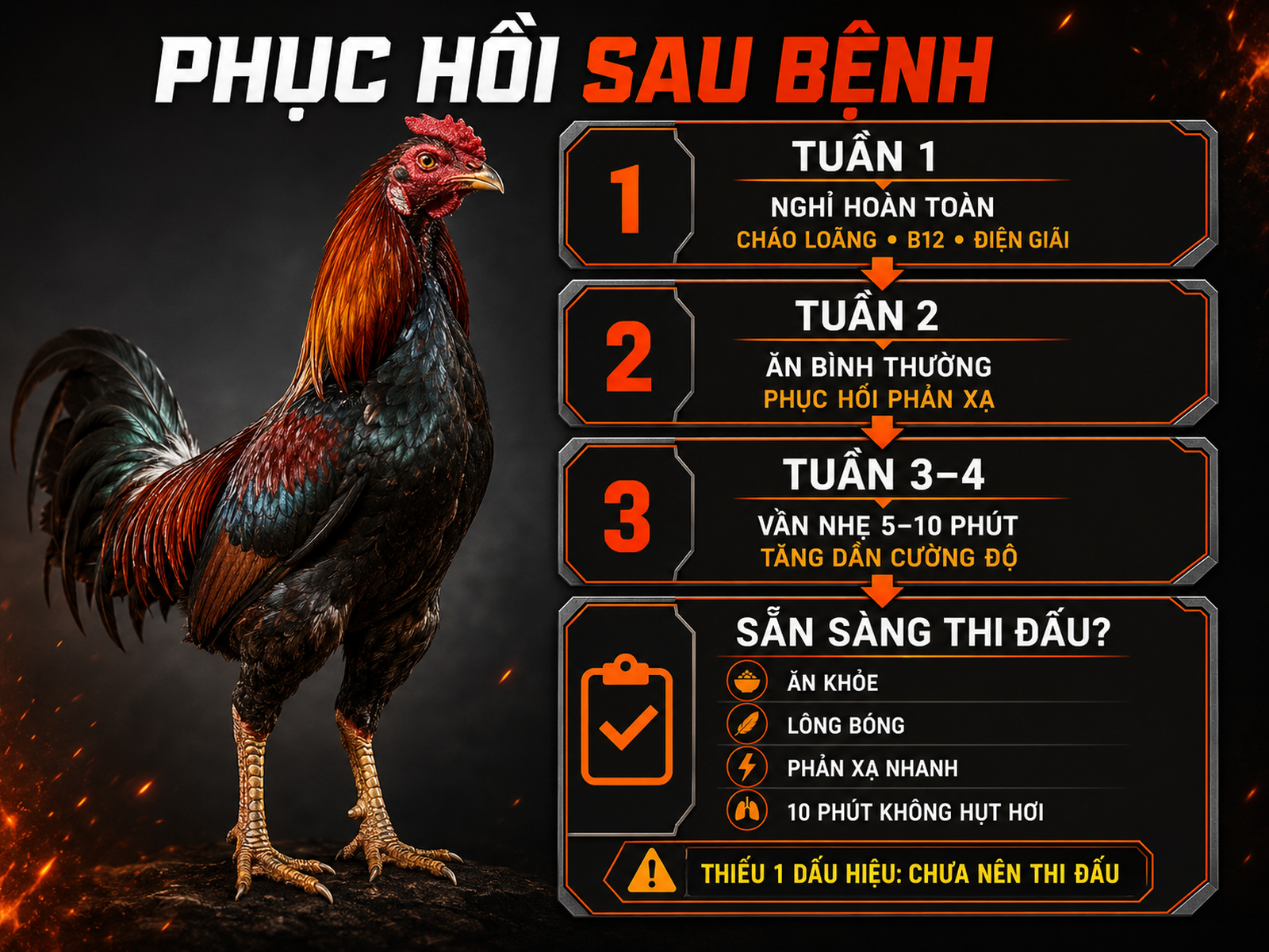 Infographic timeline phục hồi gà chiến sau bệnh tụ huyết trùng từ tuần 1 đến tuần 4 và 4 dấu hiệu đủ điều kiện thi đấu lại.