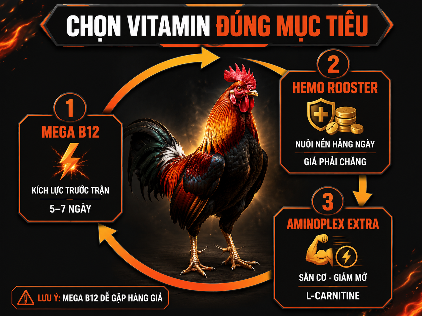 Infographic so sánh Mega B12 Hemo Rooster Aminoplex Extra cho gà đá theo mục tiêu sử dụng