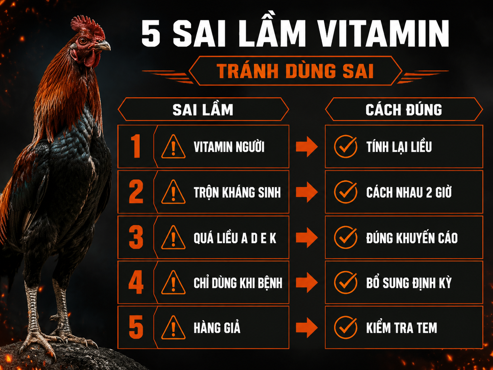 Infographic sai lầm phổ biến khi bổ sung vitamin cho gà đá và cách dùng đúng để tránh quá liều, giảm hấp thu, hàng giả.