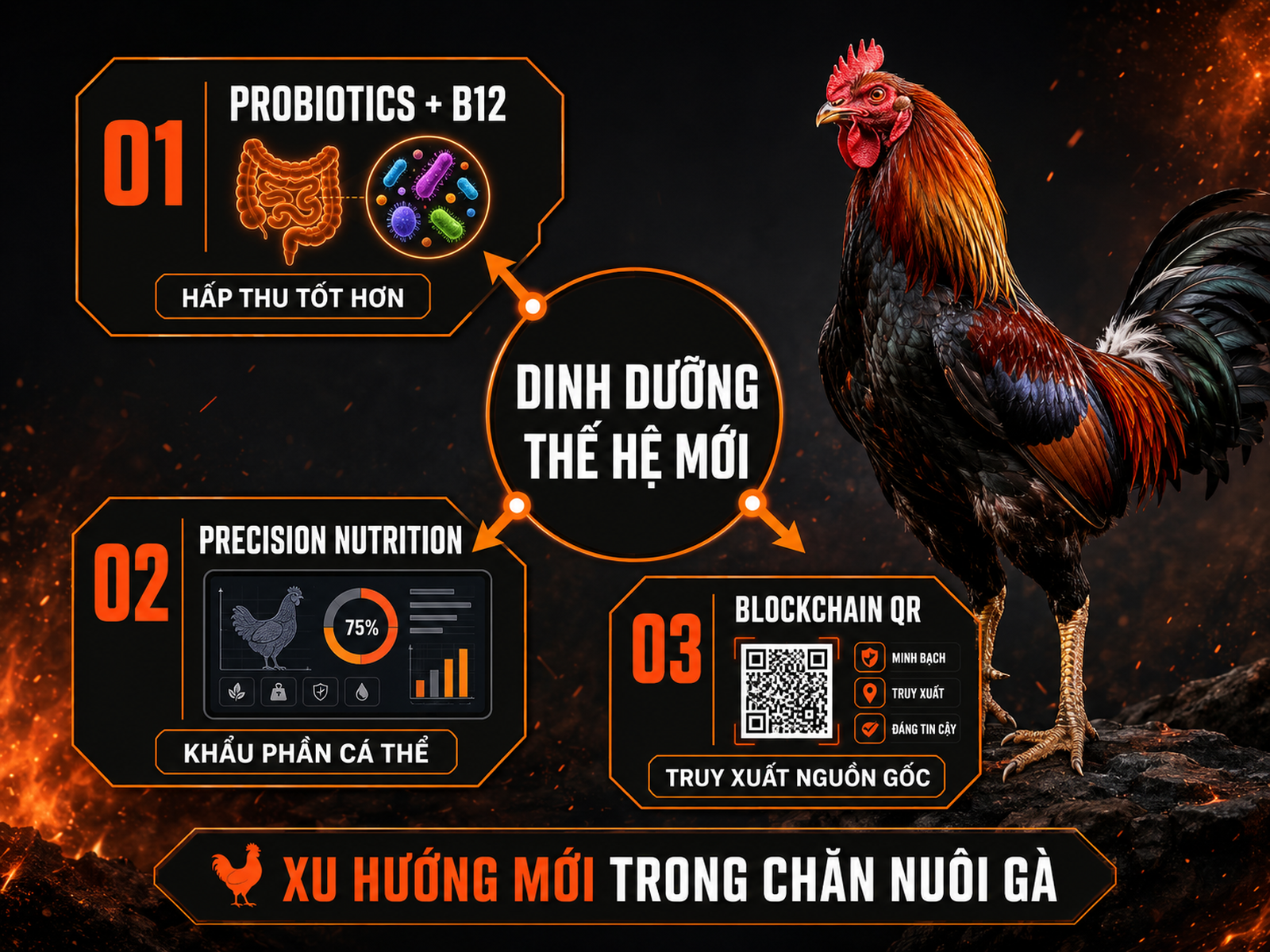 Infographic xu hướng dinh dưỡng gà với Probiotics B12, AI khẩu phần và Blockchain truy xuất nguồn gốc